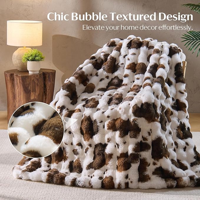 DOWNCOOL Large Faux Rabbit Fur Throw Blanket, Soft Fluffy Fuzzy Plush Bubble Blanket for Couch Sofa & Bed, Cozy Warm Luxury Fleece Minky Blanket, 90x90 Inches Cow Print-Brown