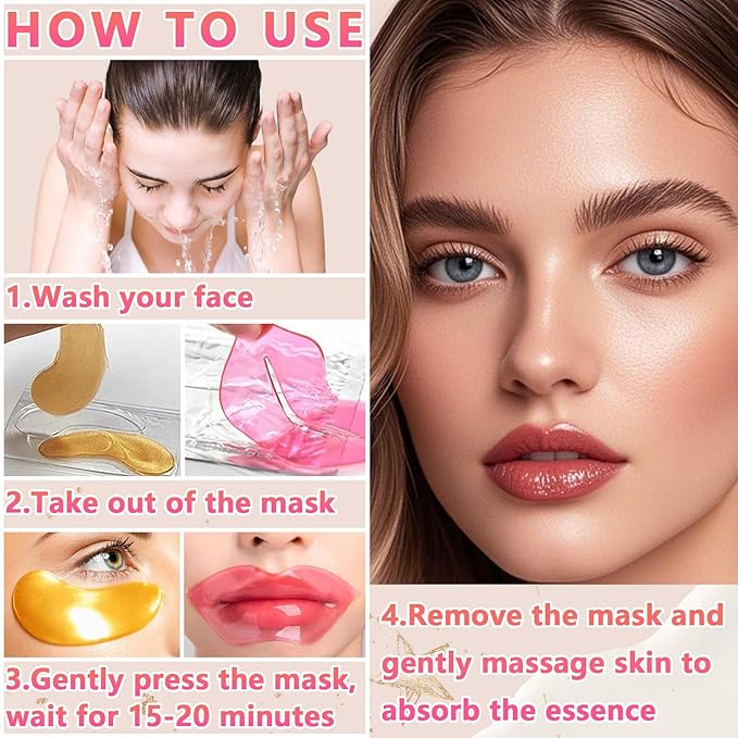 40 Pairs Lip Mask & Eye Mask, 24K Gold Gel Crystal Collagen Under Eye Patches for Puffy Eyes, Bachelorette Party Favors, Bridesmaid Gifts, Galentines Day Gifts, Bulk Mothers Day Gifts for Women