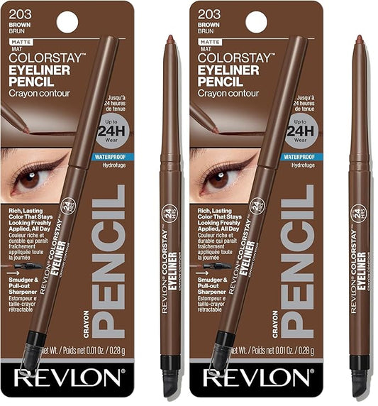 REVLON ColorStay Pencil Waterproof Eyeliner, Smudge-Proof, Eye Makeup with Built-In Sharpener, Packaging May Vary, 203 Brown, 0.01 oz (Pack of 2)