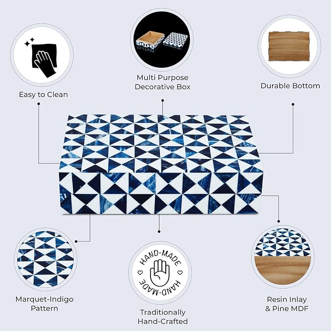 Handicrafts Home Blue and White Decorative Storage Box with Lid– Coffee Table Storage Box, Handmade Resin Inlay Wooden Box, Remote Control Holder, Decorative Organizer, Keepsake & Jewelry Box - 8x5x2