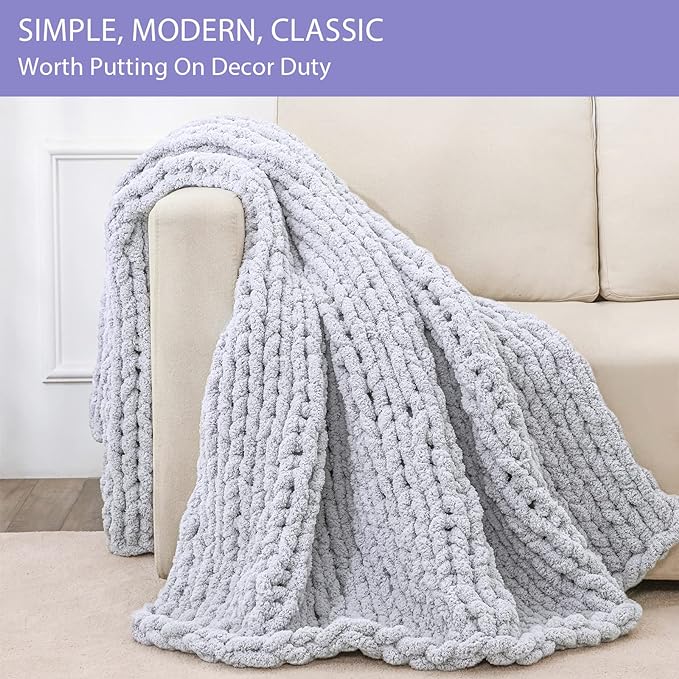 Bigacogo Chunky Knit Throw Blanket for Couch, 60x80 inches, Light Grey | Hand Knit with Jumbo Chenille, Soft Breathable Cable Knit for Sofa Bed Living Room, Machine Washable, Gift for Mom Friend
