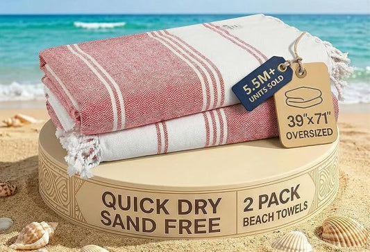 LANE LINEN Turkish Beach Towel 2 Pack, Oversized Beach Towel 39"x71", Lightweight Beach Essentials for Women, Large Pool Towel, Absorbent & Quick Dry, Sand Free Beach Towel - Hibiscus