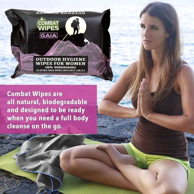 Combat Wipes Gaia - Feminine Hygiene Outdoor Wet Wipes - Extra Thick, Ultralight, Biodegradable, pH Balanced Cloths for Women (50 (Count (Pack of 2))