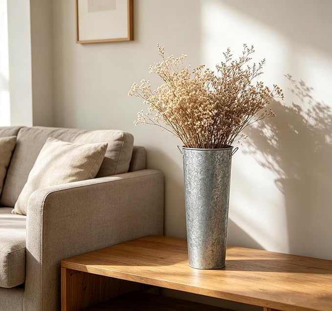 Hosley Galvanized French Bucket Vase with Handles 6" Dia x 15" H- Perfect for Weddings, Parties, Country Picnics, Floral Arrangements, Tableware Storage, or Candle Gardens - Rustic Farmhouse Décor