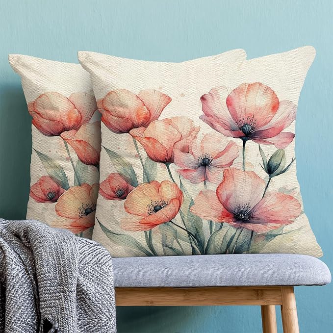 Spring Pillow Covers 18x18 Set of 2 Watercolor Orange Pink Floral Throw Pillow Cover Decoration Summer Seasonal Vintage Flower Farmhouse Decorative Cushion Cover for Home Sofa Outdoor Decor