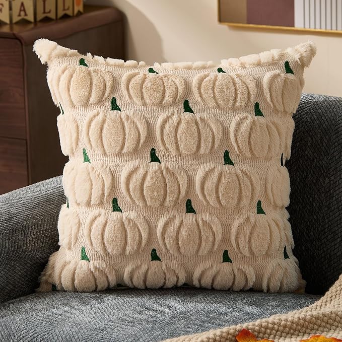DFXSZ Fall Pillow Covers 18x18 2Pcs Beige Green Pumpkin Fall Decorations | Fall decor Set of 2 Throw Pillow Cases Soft Plush Faux Fur Wool Couch Cushion for Chair Sofa Bedroom Living Room Home Decor