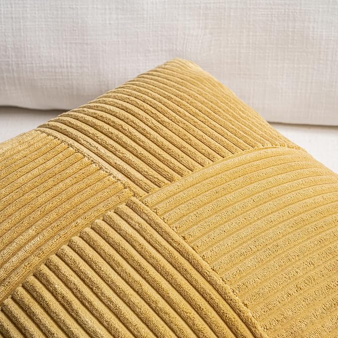 Fancy Homi Set of 1 Mustard Yellow Long Lumbar Decorative Throw Pillow Covers 16x24 Inch for Couch Bed, Rustic Farmhouse Boho Home Decor, Soft Striped Corduroy Rectangle Accent Cushion Case 40x60 cm