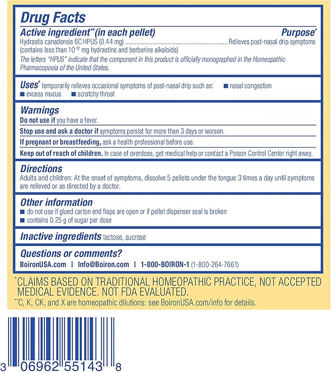 Boiron Hydrastis Canadensis 6C Homeopathic Medicine for Post-Nasal Drip Relief, Excess Mucus, Scratchy Throat - 3 Count (240 Pellets)