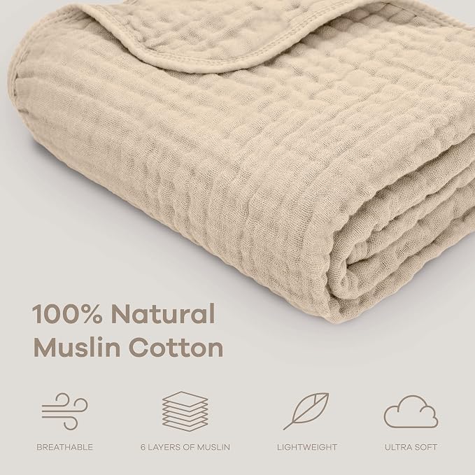 Comfy Cubs Muslin Baby Blanket 40" x 40" L - Swaddle Blankets, Sand | Soft, Lightweight, 6-Layer Cotton Breathable Baby Blankets - Comfortable, Gentle & Versatile Cotton Baby Blankets for Sleep