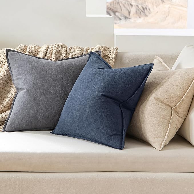 MIULEE Decorative Linen Euro Sham Pillow Covers 24x24 Indigo Blue | Boho Farmhouse Neutral Couch Throw Pillows for Bed, Pack of 2 Accent Coastal Modern Pillowcases, Sofa Livingroom Home Decor