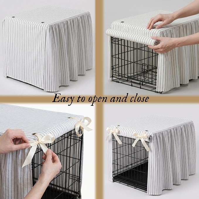 Boomkin Farmhouse Striped Dog Crate Cover 24 Inch, Rustic Cottagecore Pet Kennel Cover with Ruffled Skirt & Roll-Up Door, Elegant Fabric Decorative Dog Cage Cover for Indoor Home Decor
