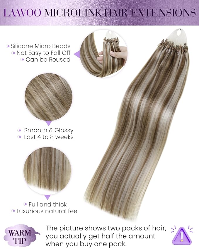 LaaVoo Micro Link Hair Extensions Human Hair Light Brown Highlighted Platinum Blonde Micro Ring Hair Extensions Human Hair 18 Inch 50g/50s