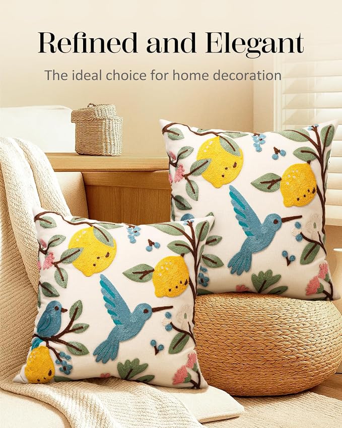 Embroidered Throw Pillow Covers 18x18 Inch, 2Pack, Bird Lemon | Decorative Pillow Covers Set of 2, Farmhouse Cushion Cases with Hidden Zipper, Cottagecore Decor for Couch, Sofa, Living Room