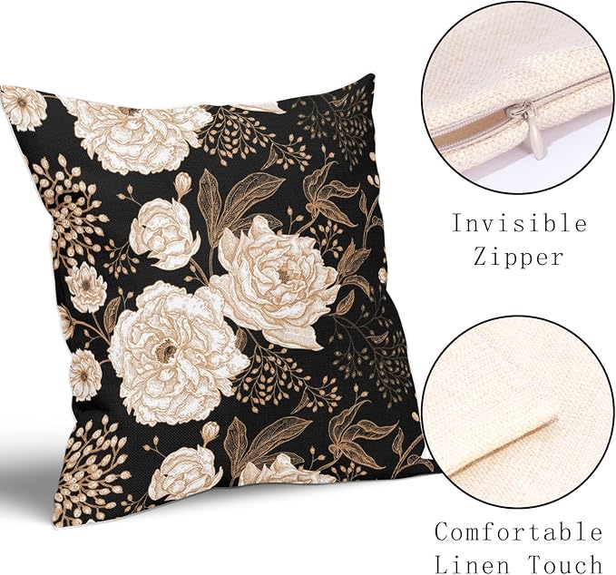Vintage Peony Roses Floral Plant Pillow Covers 22X22 Inch Set of 2 Chinoiserie White Flower Leaves Decorative Pillow Cases Black Gold Cushion Case Vintage Home Decor for Sofa Couch Outdoor