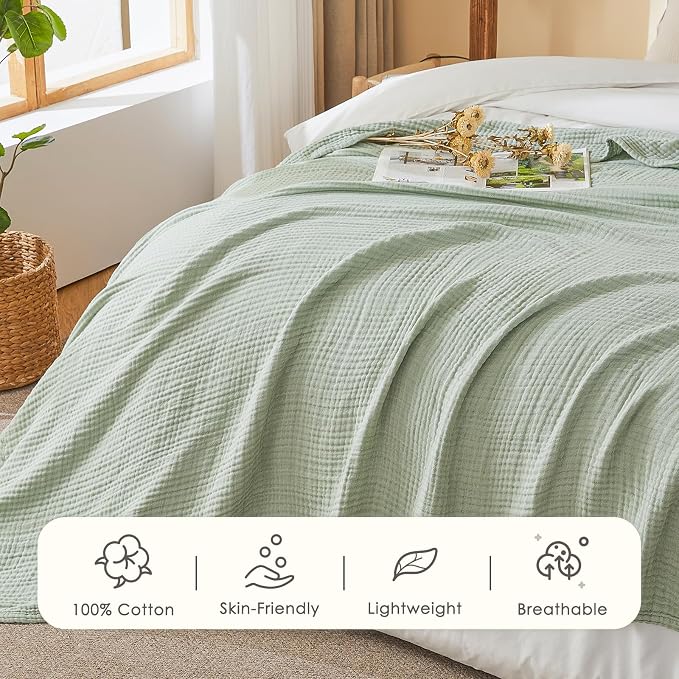 EMME Cotton Muslin King Blanket Bed Layering Bedspread Coverlet Breathable Gauze Soft Lightweight (Heather Sage Green, 108"x90")