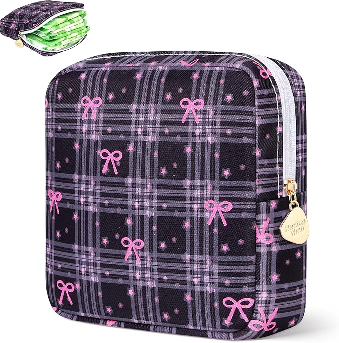 Sanitary Pad Storage Bag Portable Period Bag for Teen Pads/Sanitary Napkins/Small Tampons, Sanitary Napkin Storage Bag First Period Gifts for Teen Girls (Pink Plaid Bowknot)