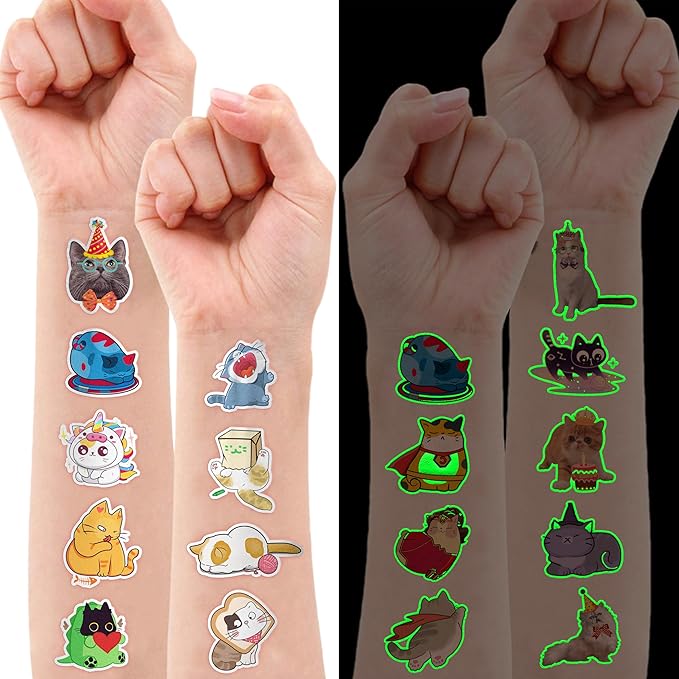 96 PCS Cat Cats Pet Pre-Cut Luminous Glow in the dark Temporary Tattoos for Kids | Super Cute Themed Birthday Party Favors, Supplies, Decorations, Animal Paw Fake Tattoo Stickers Gifts for Boys Girls