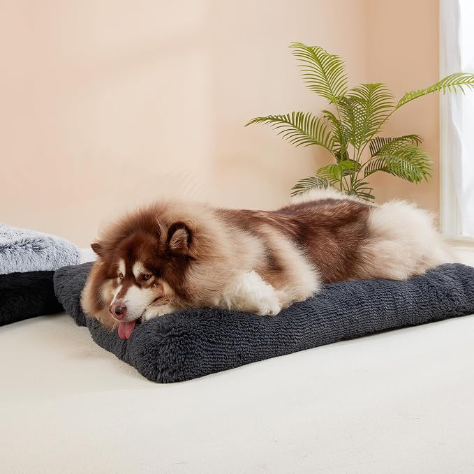 EHEYCIGA Fluffy Dog Crate Bed, Plush XX Large Dog Pillow, Dark Grey | Xlarge Calming Anti Anxiety Plush Faux Fur Mat for Large size dogs, Washable Soft Warm Dog Pad with Non-Slip Bottom