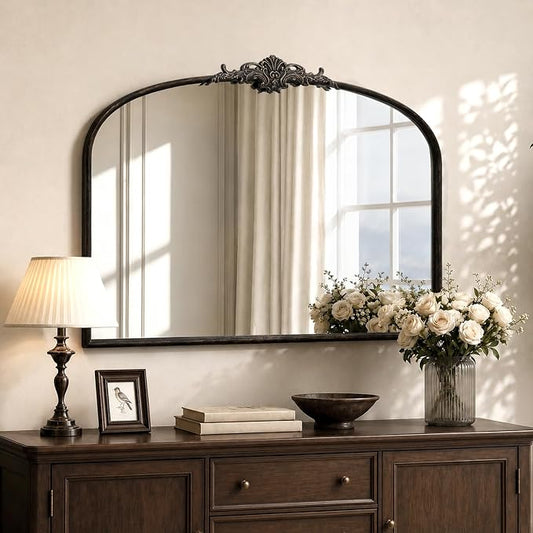 Besdomus Vintage Arched Black Mirror: 40"x29" Large Arch Antique Decorative | French Baroque Metal Framed Mirrors - Traditional Ornate for Entryway/Dresser/Fireplace/Bathroom - Ideal for Home Renovations