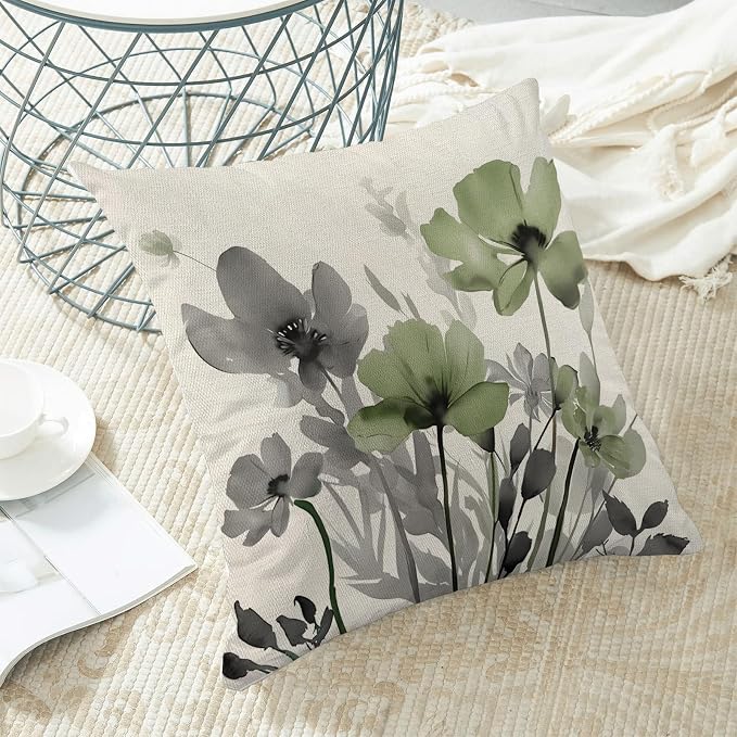 Spring Floral Pillow Covers 18x18 Inches Set of 2 Gray Sage Green Floral Throw Pillow Covers Outdoor Rustic Summer Flower Decoration Pillowcase Farmhouse Decorative Cushion Cover For Home Sofa
