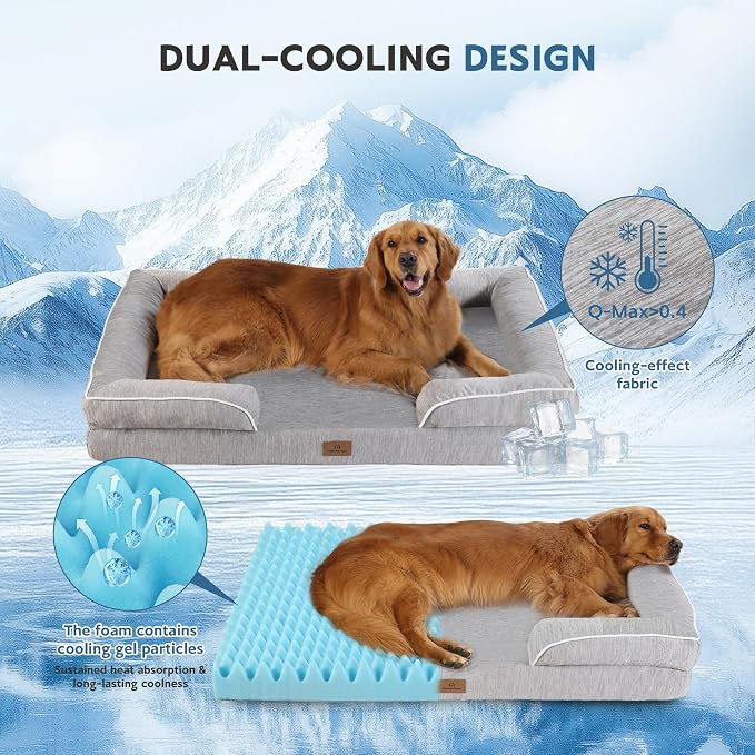 Cooling Dog Bed,Dual-Cooling Design,Q-Max >0.4 Cool Pet Beds for Extra Large Dogs,Orthopedic Foam Dog Bed with Sides, Removable Cover & Waterproof Lining,Grey (48" L x 32" W x 8" Th)