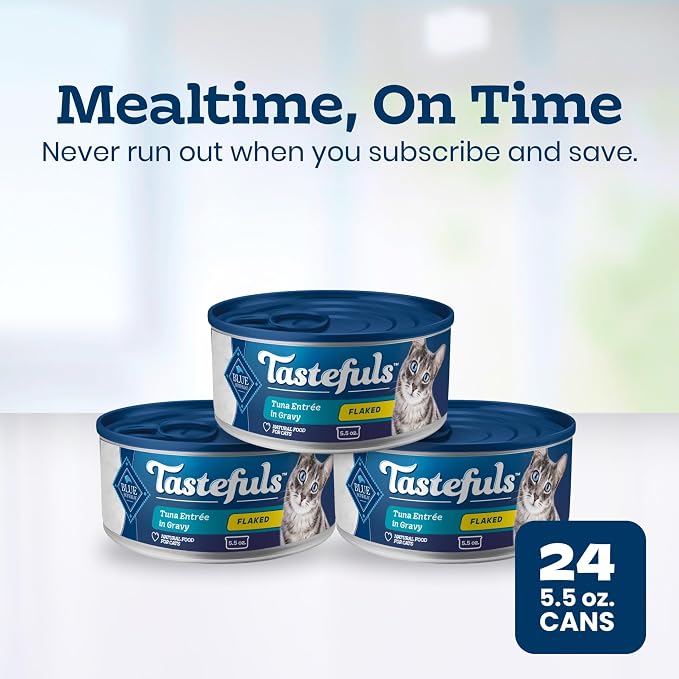 Blue Buffalo Tastefuls Tuna Flaked Wet Cat Food, 5.5 oz, 24 ct | Real Tuna First, Entrée in Gravy, No Chicken By-Product, Corn, Wheat, or Soy
