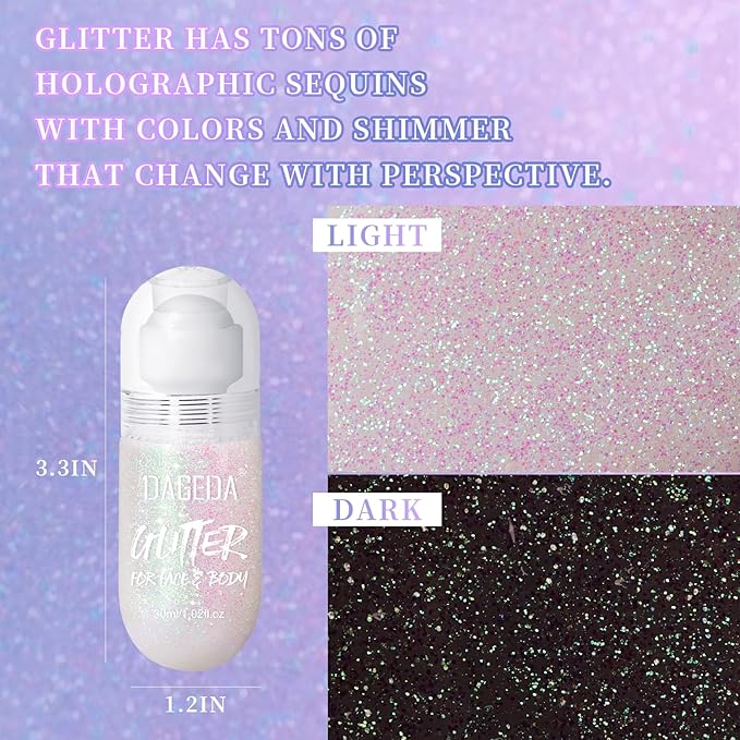 DAGEDA Body Glitter Gel, Roll-on Face Glitter for Mermaid Makeup Festival Rave Accessories, Holographic Hair Glitter Gel,Body Shimmer Halloween Makeup for Rave Party (Neon)
