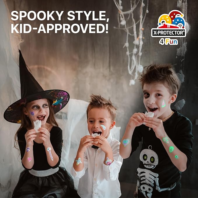 X-Protector Halloween Tattoos for Kids - Giant Pack of Temporary Tattoos - Fake Halloween Tattoos Gifts - Glow in the Dark Spooky Party Favors - Bulk Halloween Goody Bag Fillers!