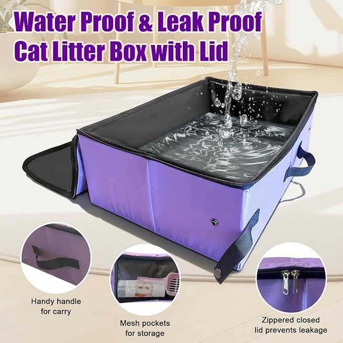 Large Portable Cat Travel Litter Box with Lid,Silicone Folding Bowl & Little Scooper, Leak-Proof and Foldable Travel Cat Litter Box for Hotels, Car and Camping, Odor-Free & Waterproof, 20x14x6.5''