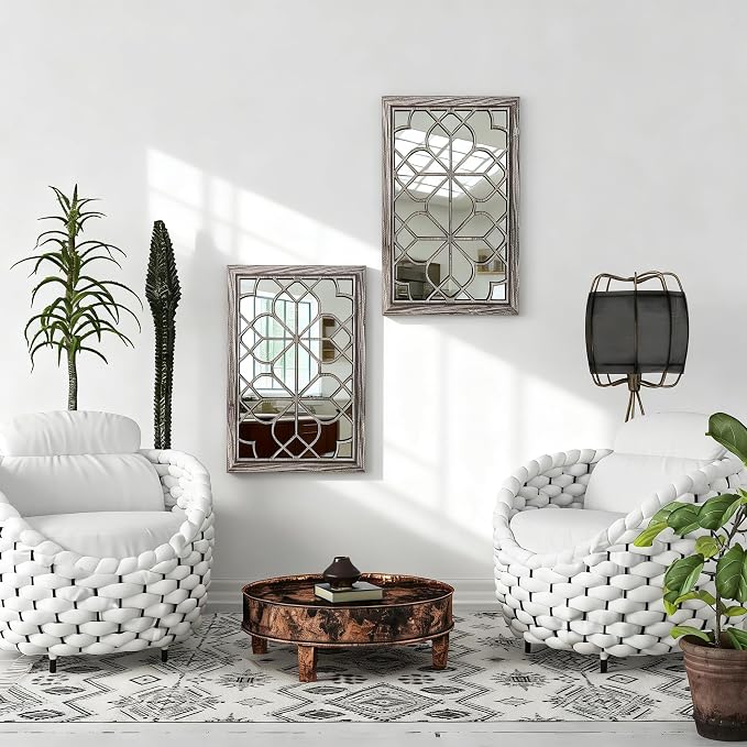 Set of 2 19x26 Inch Large Brown Shatterproof Rectangular Wall Mirrors, Boho Rustic Farmhouse Vintage Accent Mirrors for Living Room Bedroom Entryway Dining Room & Home Decor