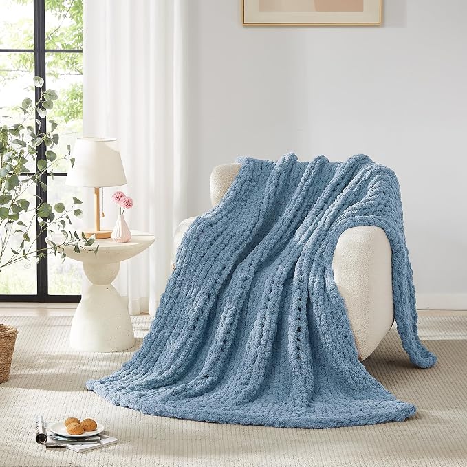 L'AGRATY Chunky Knit Throw Blanket for Couch, 80 x 90 Inches, Airy Blue | Handmade Chenille Crochet Blanket for Sofa Bed, Thick Cable Knitted Blankets for Room Home Decor, Birthday Gift for Women Mom
