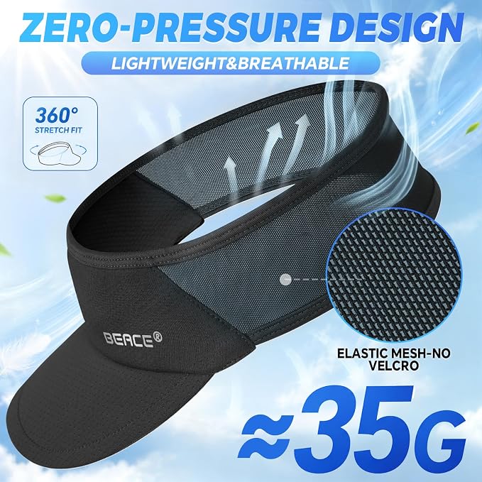 BEACE Sun Visor Hat Women Men-Sports Lightweight Wicking Stretchy Sunvisor Cap for Golf Tennis Running Pickleball Beach