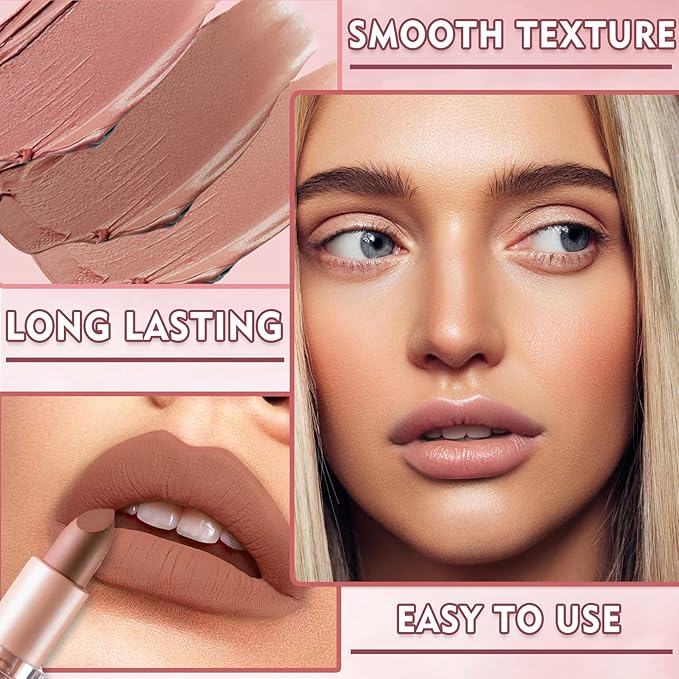 3PCS Matte Nude Lipstick Set Velvet Lip Gloss Non-Fading Non-Sticky Cup Nude Lipstick Matte Lip Stain Long Lasting Waterproof Lipstick for Women Girls Daily Lip Makeup - Set C