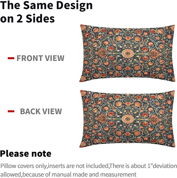 Vintage Floral Lumbar Pillow Covers 12X20 Inch Set of 2 Burnt Orange Flowers Botanical Decorative Rectangular Pillow Cases Navy Blue Art Cushion Case Farmhouse Home Decor for Sofa Couch Bed Outdoor