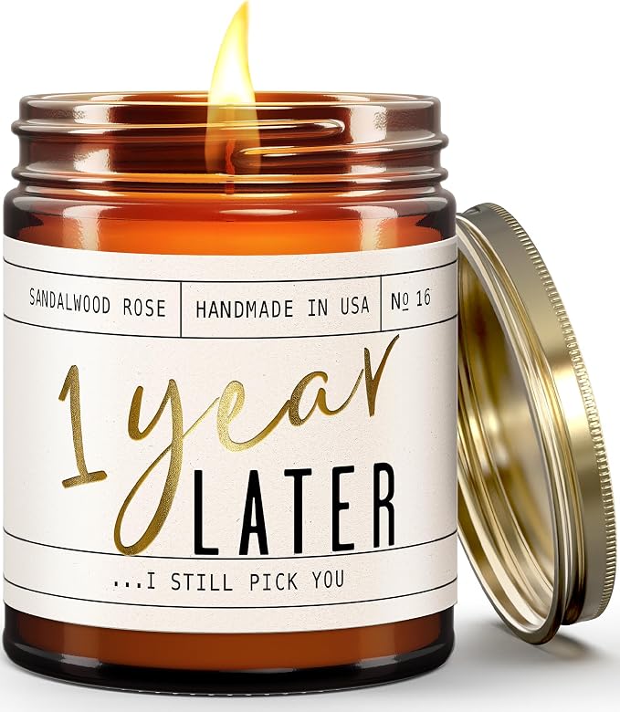 1 Year Anniversary Gifts for Girlfriend or Wife - '1 Year Later' Candle, w/Sandalwood Rose - infused w/Essential Oils I 1st Anniversary Gift I One Year Anniversary Gifts for Her I 50Hr Burn, USA Made