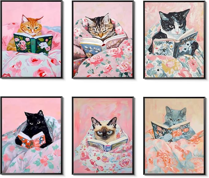 Cute Cat Reading Poster Set of 6 Funny Black Cat Book Lover Canvas Wall Art, Whimsical Animal Wall Decor Painting Prints Aesthetic for Nursery Kids Boby Room Bedroom Unframed 8x10 inch