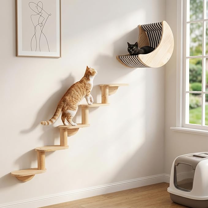 Cat Wall Shelves, Solid Wood Moon Bed, 5-Step Stairs for Vertical Climbing | 2-in-1 Wall-Mounted Cat Furniture;Wall & Corner Setup;16-Inch Stud Wall;Hold Up to 40 lb;Vertical Territory & Active Exercise