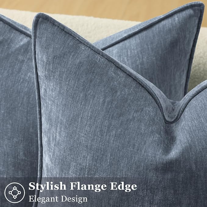 decorUhome Chenille Haze Blue Velvet Throw Pillow Covers 22x22 Set of 2 | Fall Soft Euro Sham Couch Decorative Modern Farmhouse Pillow Cases with Elegant Design for Sofa Bed Living Room Home Decor