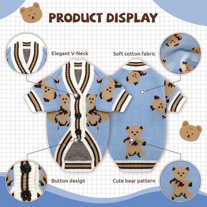 Small Dog Sweaters Cute Bear Knitted Dog Cardigans Clothes for Small Medium Dogs Soft Pet Puppy Cat Knitting Outfits Fall Winter Warm Boy Girl Dogs Knitwear Coat Apparel（Blue,Medium）