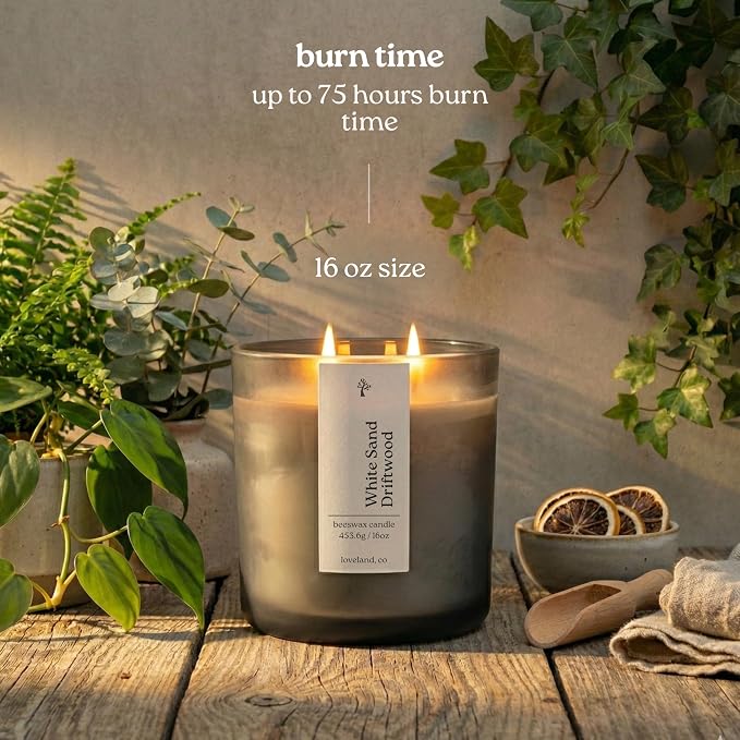 Aspen & Oak Luxury Beeswax Candle, 16oz | Long Burning Pure Beeswax Candles, Non Toxic, Natural, Clean, Essential Oil Scented Organic Candles, Home Decor & Gifts (White Sand Driftwood)
