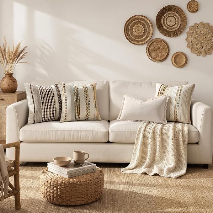 ANRODUO Decorative Boho Pillow Covers Orange White 20x20 Inch Pack of 2 | Throw Pillow Covers, Farmhouse Striped Pillow Covers, Chenille Tufted Pillow Cases, Neutral Pillowcase for Living Room Couch
