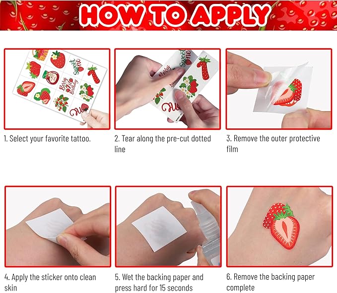 96PCS Strawberry Berry Pre-Cut Temporary Tattoos for Kids | Super Cute 1st Themed Birthday Party Favors, Supplies, Decorations, Funny Fake Tattoo Stickers (Multiple)