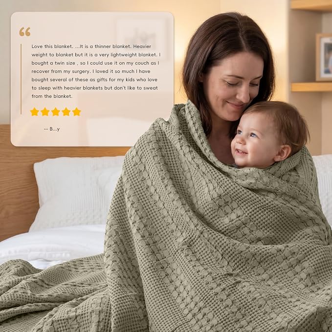 PHF 100% Cotton Waffle Blanket Twin Size, Lightweight Breathable Summer Blanket for Hot Sleepers, Pre-Washed Soft Layer for Bed, Dorm, Couch & Guest Room, Home Decor Gift, 66"x90", Dusty Sage