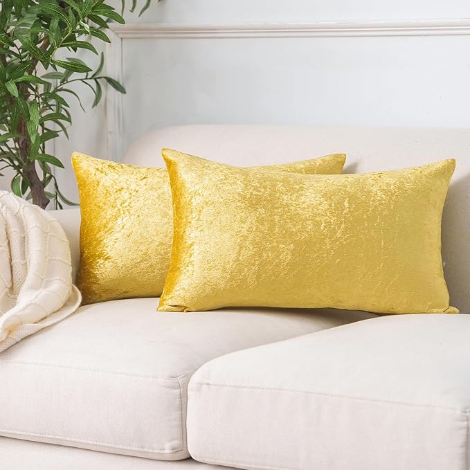 NiNi ALL Gold Velvet Throw Pillow Covers 12x20 Pack of 2 Decorative Couch | Soft Solid Boho Cushion Squar Pillow Cases for Chair Sofa Bedroom Farmhouse Living room Modern Luxury Home Decor Christmas