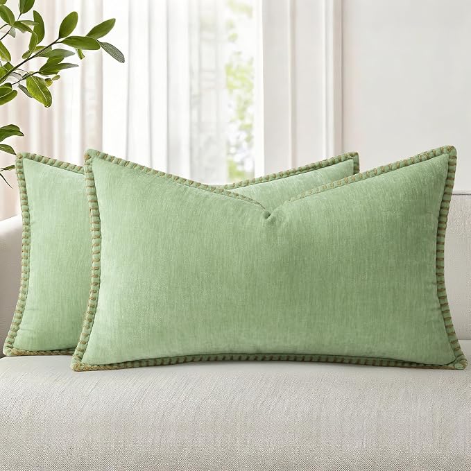 decorUhome Soft Chenille Throw Pillow Covers 12x20 Set of 2 Sage Green | Fall Textured Decorative Throw Pillow Cases Stitched Edge Modern Farmhouse Luxury Boho Velvet for Couch Sofa Bed Home Decor