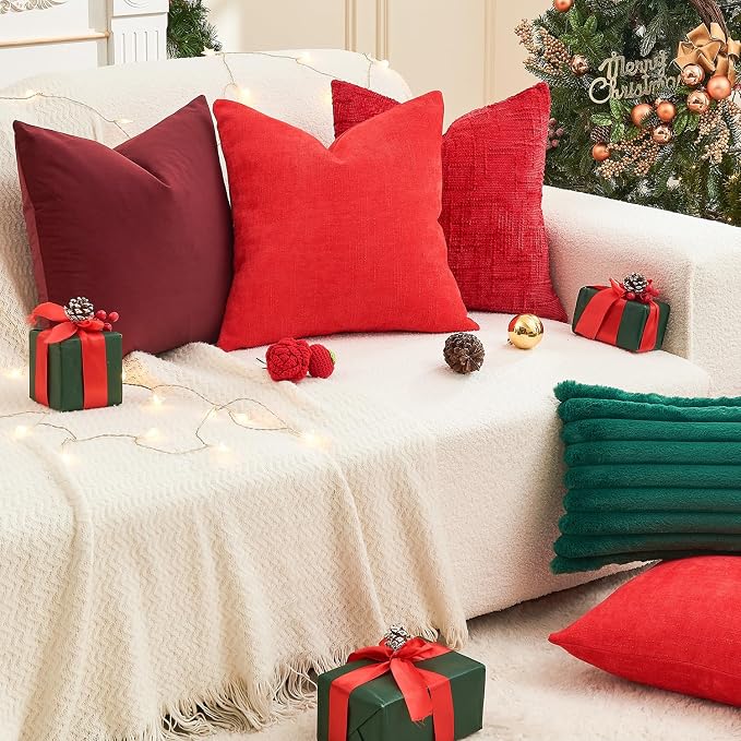Christmas Burgundy Pillow Covers Set of 2 22x22 Inch Throw Pillow Covers, Soft Velvet Xmas Wine Red Decorative Pillow Covers for Couch Sofa Bed Living Room, Home Modern Decor