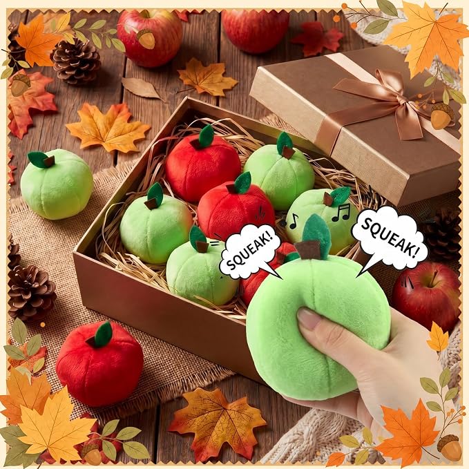 12 Pack Fall Apple Plush Stuffed Squeaky Dog Toys, 3.15 in