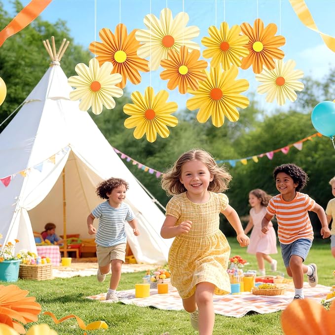 SUNBEAUTY Orange Paper Flowers Decorations for Wall Paper Fans Daisy Decoration for Women Birthday Spring Easter Wedding Garden Tea Party Baby Shower Decor Set of 9