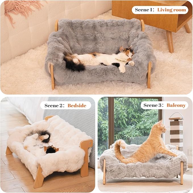 Elevated Cat Couch Bed Wooden Raised Kitty Sofa Lounge Chair | Washable Fluffy Cover Wooden Elevated Pet Furniture for Indoor Cats and Puppy(Gray)