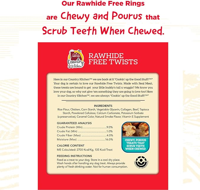 Country Kitchen Rawhide Free, Beef Twists Dog Chews, 9 Count | Made with Real Beef, Highly Digestible, Gluten Free